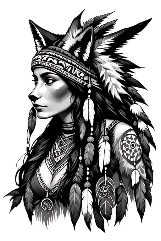 a native american women with a wolf headress and a dream catcher behind her tattoo design idea