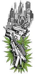 Skyline buildings, pistols, marijuana leaves, text "21 block", chains, gang style tattoo design idea