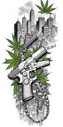 Skyline buildings, pistols, marijuana leaves, text "21 block", chains, gang style tattoo design idea