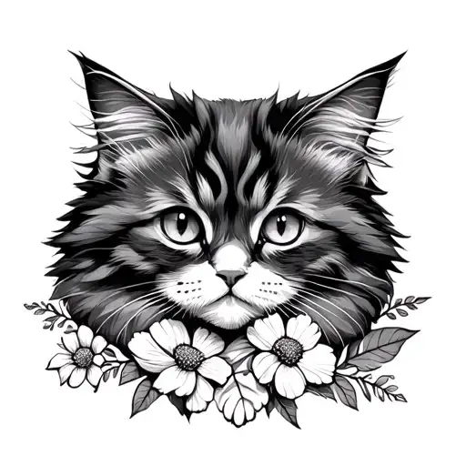 fluffy cat outline with flowers tattoo design idea