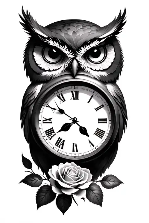 roses clock owls tattoo design idea