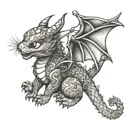 Dragon hugs cute cat playing tattoo design idea