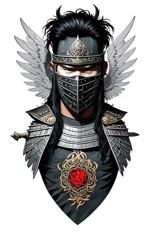 arcangel michael as a samurai warrior with face mask and wings  tattoo design idea