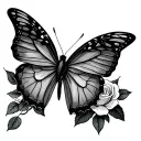 A black-grey tattoo of a graceful butterfly landing on a bed of roses, with the Sagittarius symbol subtly incorporated into the design, reflecting your love for nature and astrology tattoo design idea