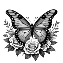 A black-grey tattoo of a graceful butterfly landing on a bed of roses, with the Sagittarius symbol subtly incorporated into the design, reflecting your love for nature and astrology tattoo design idea
