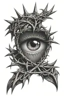eye inside of crown of thorns in a heart shape tattoo design idea