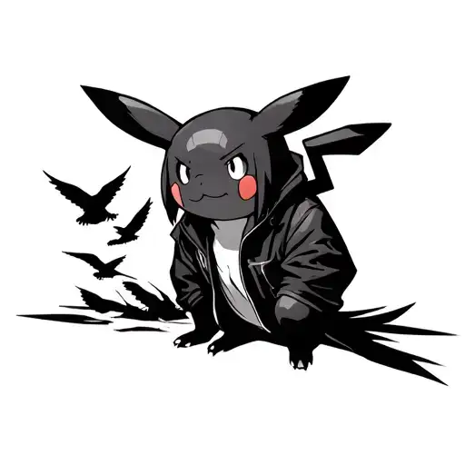 create a tattoo design of Pikachu mixed with Itachi Uchiha wearing Akatsuki coat. add some ravens to it  tattoo design idea