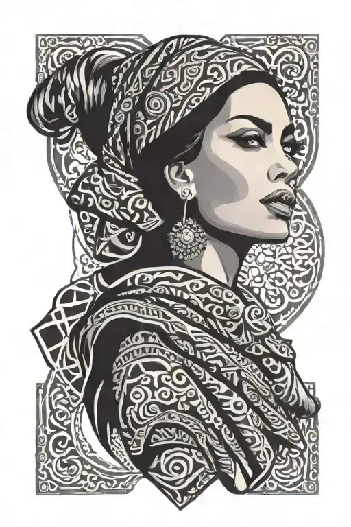 top half of a powerful flamenco dancing woman with beautiful eyes infront of a palestinian keffiyeh design background tattoo design idea