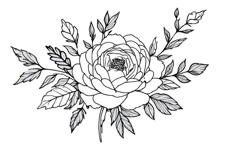 fineline dainty small floral bouquet with 1 blackberry shrub sprig, 1 beach rose, and 1 peony  - not a lot of leaves  tattoo design idea