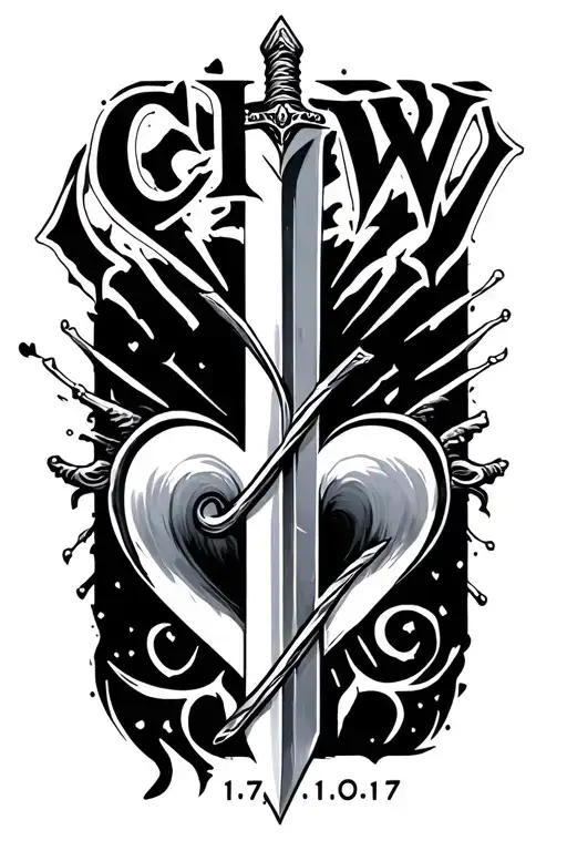 "CKW 17.10.17" SWORD AND HEART INFINITY SIGN tattoo design idea