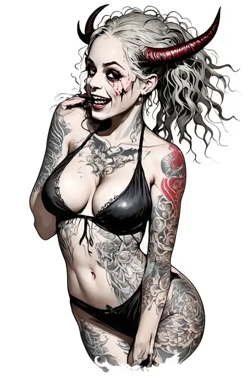 Sexy Pale Girl, petite, big boobs, wide hips, G-String. Messy hair, demonic horns, sexual. Seductive smile. upper Body tattoo design idea