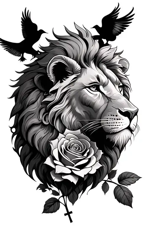 rose and lion and 2 dove and cross and name writing tattoo design idea