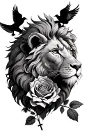 rose and lion and 2 dove and cross and name writing tattoo design idea