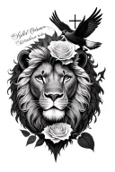rose and lion and 2 dove and cross and name writing tattoo design idea