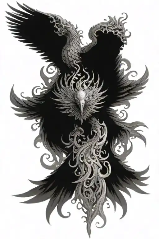 Fierce phoenix rising from flames centered and wings wide opening symmetrically.  tattoo design idea