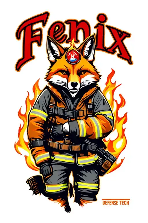 "Fenix Defense Tech" Fox wearing firefighter gear, surrounded by flames tattoo design idea