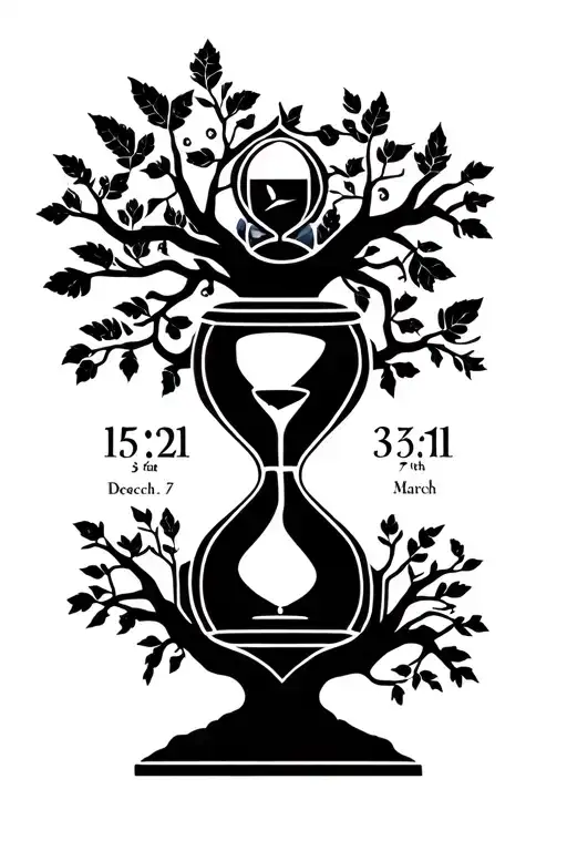 Family tree and hourglass combined with birth times, 15:21 and 3:51 along with birth dates, March 3rd and December 7th tattoo design idea