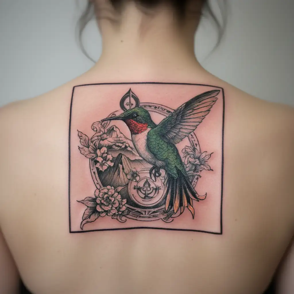 hummingbird with a mountain behind and  a gratitude symbol integrated around with a sense of deepness, masculine tattoo design idea