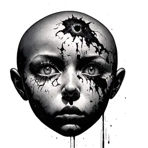 shadowy figure no hair blurry features behind an innocent figure that is peeling the innocent figures eyes open  tattoo design idea