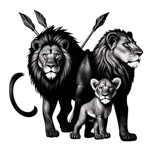 Lion, lioness and cub with 3 arrows in back of lion tattoo design idea