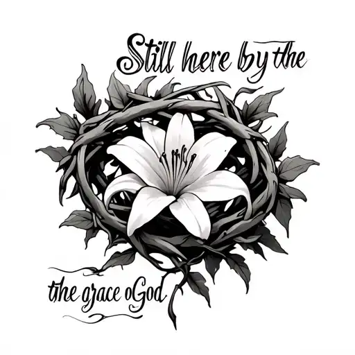 half crown of thorns flowing into vines into a blooming lily surrounding "Still here by the grace of God" in cursive tattoo design idea