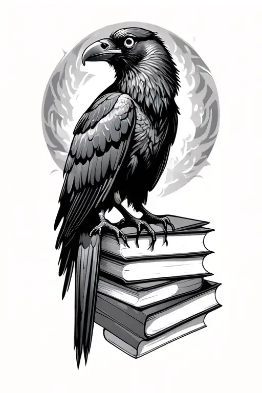 three eyed raven standing on books tattoo design idea
