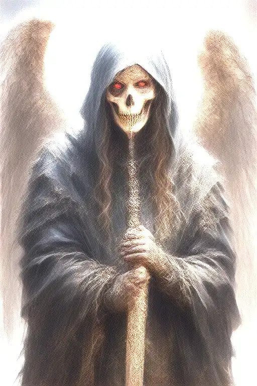 angel of death, in a black tattered cloak with a hood, with red eyes with a glare, with a katana tattoo design idea