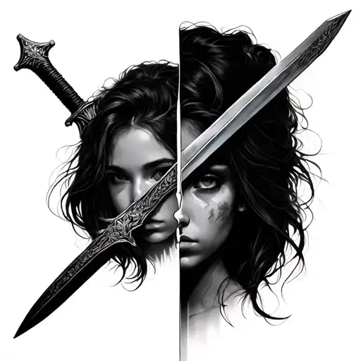 only one side of girl face equal split with sword tattoo design idea