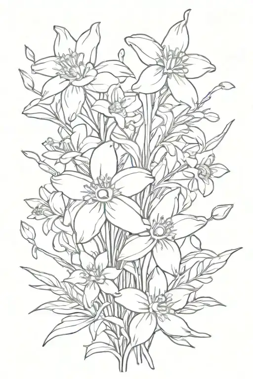 daisy and daffodil flower bouquet, cherry blossoms, snow drops, violets, greenery, stems tattoo design idea