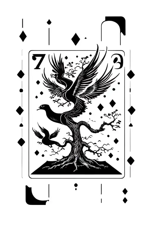 A 7 and 2 cards and a bonsai tree and a phoenix around it and a bunch of random squares and dots (geometric tattoo style tattoo design idea