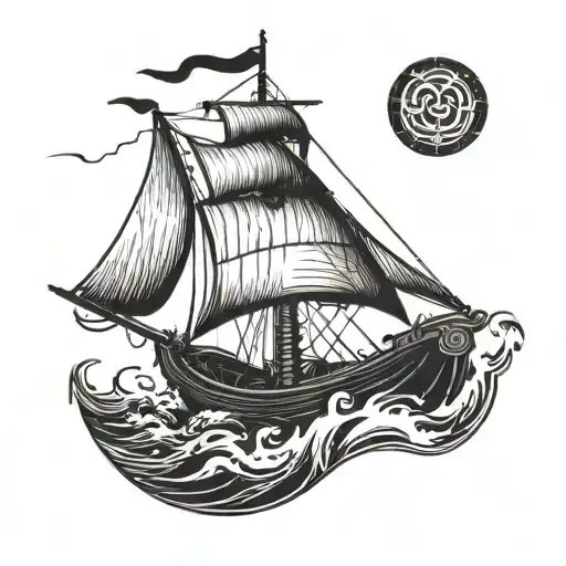 A minimalist blackwork tattoo of a Viking longship sailing through rough waters, symbolizing strength and resilience tattoo design idea