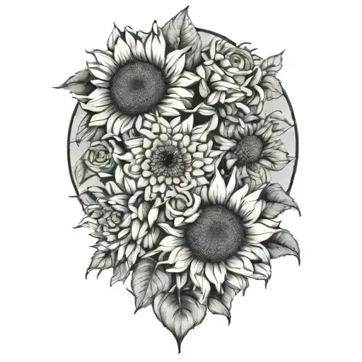 sunflowers, roses, and chrysanthemums flower tattoo design idea