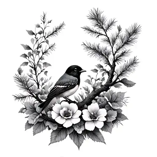 floral black and white sleeve with a bird and a pine tree tattoo design idea