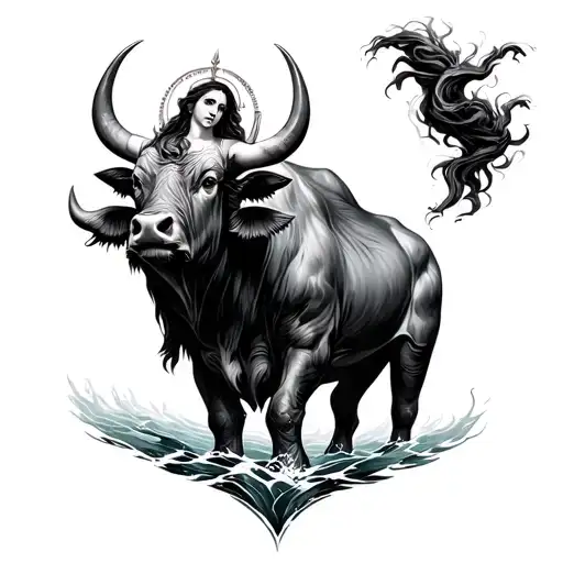 saint Marie transforminging into a water buffalo with wind  tattoo design idea