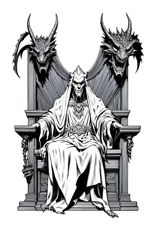 dark lord on the gothic throne room, one gargoyle on the left and one on the right tattoo design idea