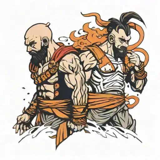 I would like a tattoo featuring Kratos and Goku, so the design should include these two characters, blending elements fr tattoo design idea