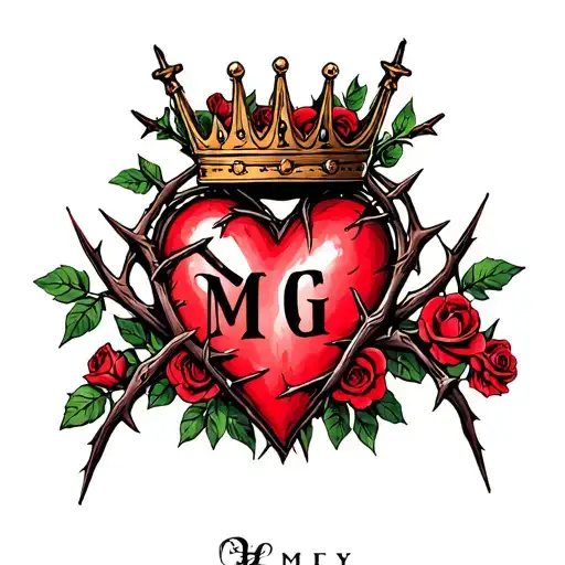 "M G" heart surrounded by thorns and roses with a crown adorned tattoo design idea