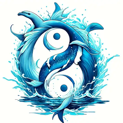 cyperpunk anime yin yang tattoo with dolphin and whale with water  tattoo design idea