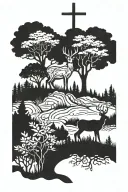 cross with trees and deer tattoo design idea