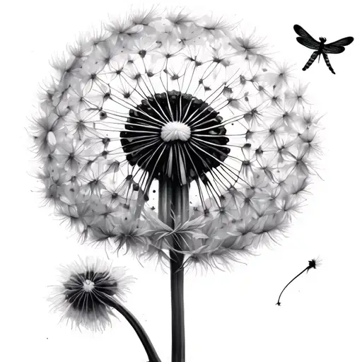 dandelion with a water colored dragonfly flying tattoo design idea