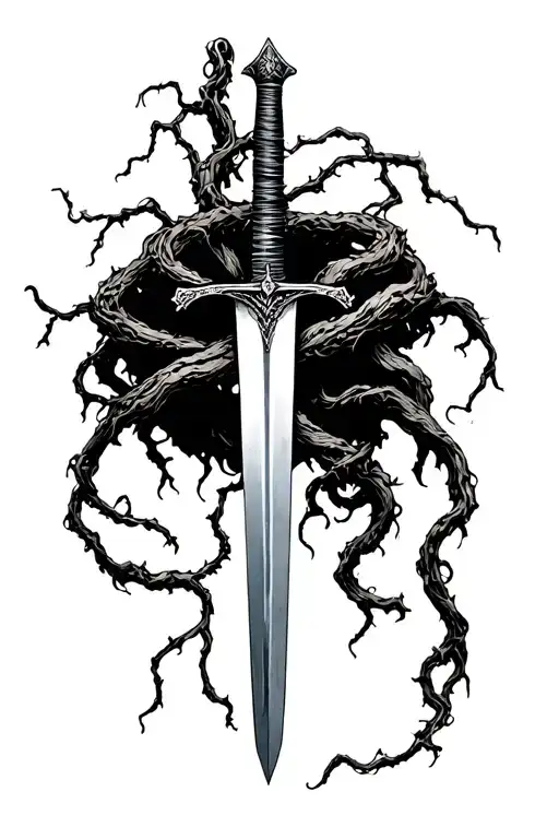thin swords wrapped in thin vines hanging tattoo design idea