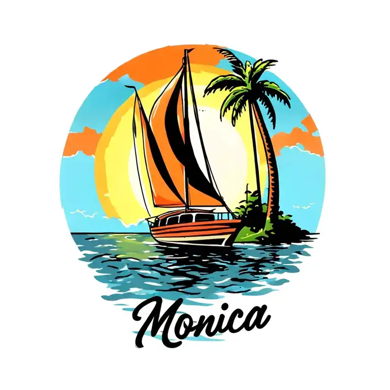 "Monica" sailboat in foreground, background full sunrise sky, small island in far background with plam vibrant colors no borders  tattoo design idea
