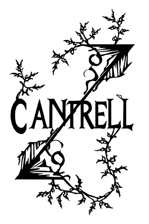 Arrow shooting through the letters in the name CANTRELL, vines sprouting and stretching across letters and arrow. tattoo design idea