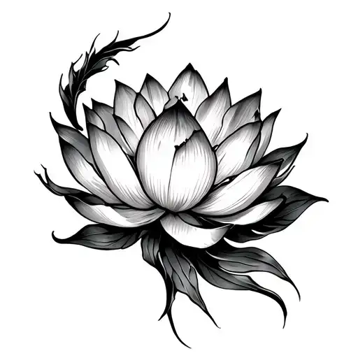 A fineline black and gray tattoo of a half-open lotus on a woman's upper arm. tattoo design idea