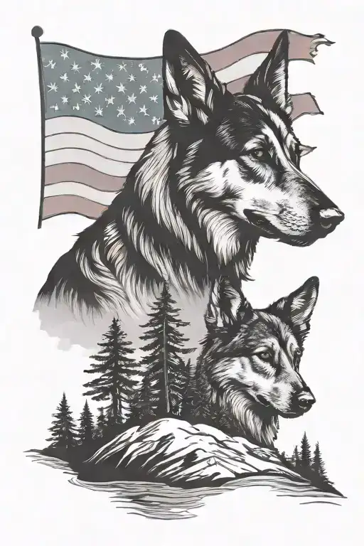 A silhouette german shepherd and border collie standing together on a mountain peak American flag waving "diabetes" tattoo design idea