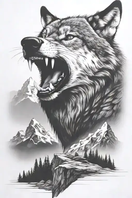 growling wolf face and realistic rocky mountains inside tattoo design idea