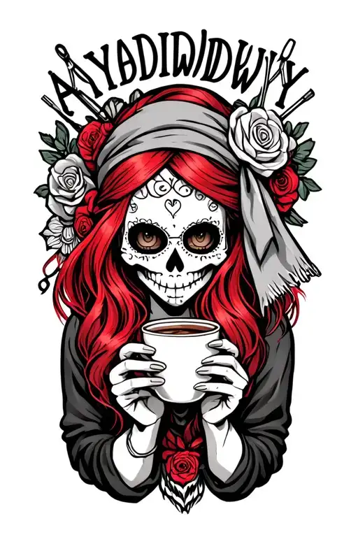 "AIYDIWDWY" sugar skull with red hair and hair scarf holding a cup of coffee and crochet hooks in her hair tattoo design idea
