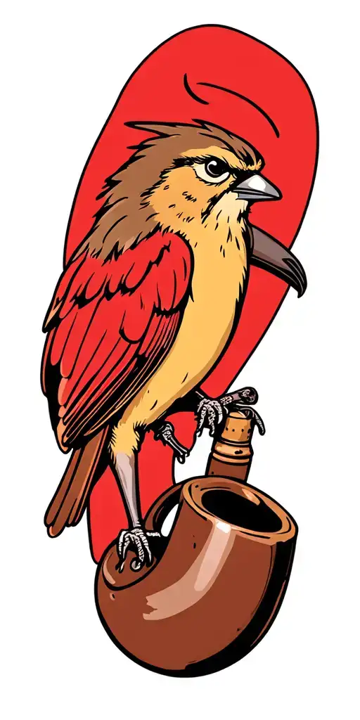 A sparrow perched on a devil anse tobacco pipe in a traditional style tattoo design idea