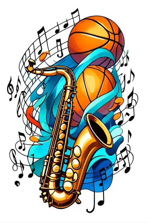 basketball and saxophone surrounded my music notes tattoo design idea