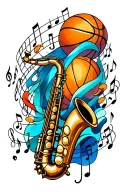 basketball and saxophone surrounded my music notes tattoo design idea